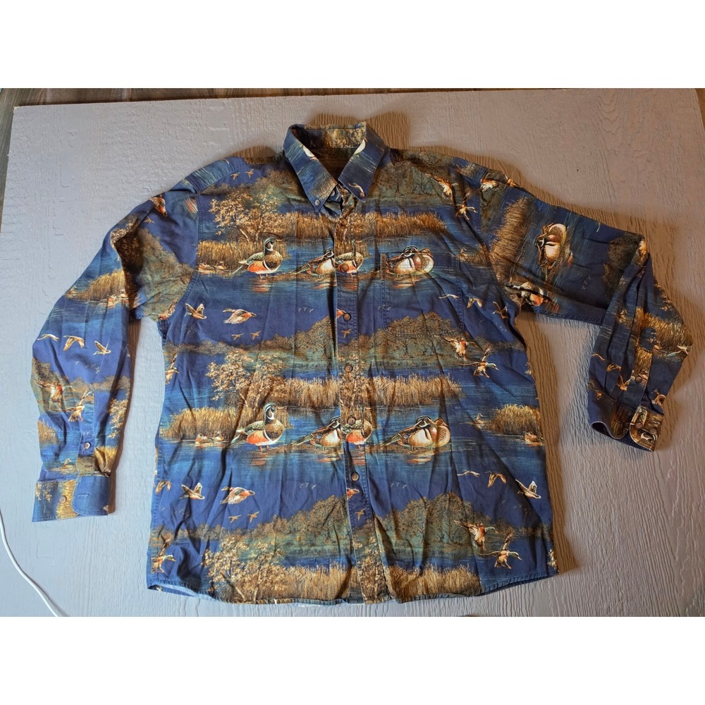 North River Outfitters Mens Large Duck Print Long Sleeve Button Down Shirt Blue